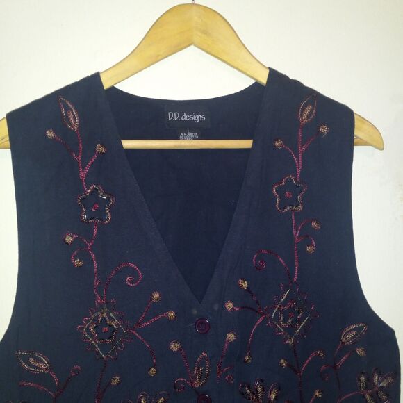 Vintage D.D. Designs Embroidered Beaded Vest-Large-Button Front-Tie Back-Navy - Picture 2 of 8